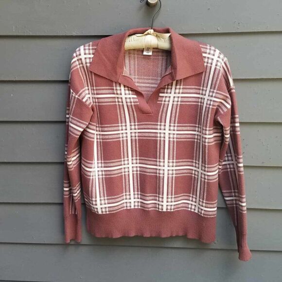 Max Studio Brown White Plaid Knit Sweater with Collar size Medium - Picture 8 of 11